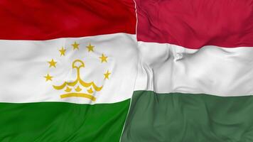 Tayikistán y Hungría banderas juntos sin costura bucle fondo, serpenteado bache textura paño ondulación lento movimiento, 3d representación video