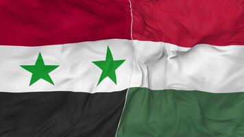 Syria and Hungary Flags Together Seamless Looping Background, Looped Bump Texture Cloth Waving Slow Motion, 3D Rendering video