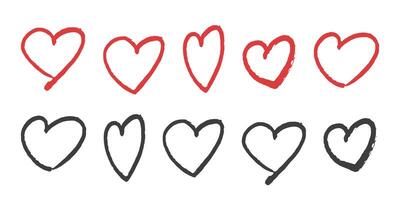 dibujado a mano rojo y negro corazones conjunto vector