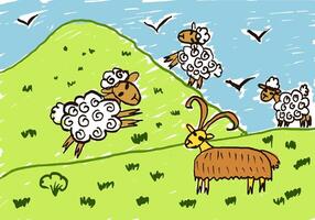 Cartoon Sheep and Goat on Green Hill vector