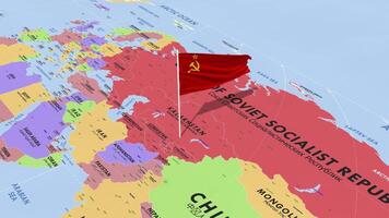 History Map Soviet Union Flag Waving in Wind, World Map Rotating around Flag, Seamless Loop, 3D Rendering video