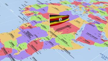 Uganda bandera ondulación en viento, mundo mapa giratorio alrededor bandera, sin costura bucle, 3d representación video