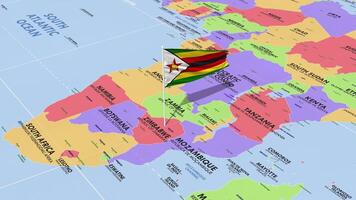 zimbabwe flagga vinka i vind, värld Karta roterande runt om flagga, sömlös slinga, 3d tolkning video