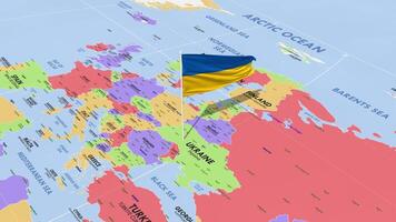 Ukraine drapeau agitant dans vent, monde carte tournant autour drapeau, sans couture boucle, 3d le rendu video