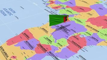 Zambia Flag Waving in Wind, World Map Rotating around Flag, Seamless Loop, 3D Rendering video