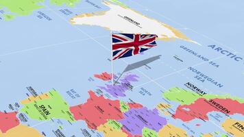 United Kingdom Flag Waving in Wind, World Map Rotating around Flag, Seamless Loop, 3D Rendering video