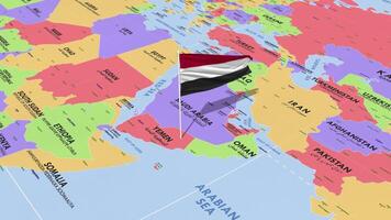 Yemen bandera ondulación en viento, mundo mapa giratorio alrededor bandera, sin costura bucle, 3d representación video