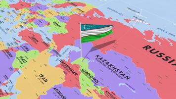 Uzbekistan Flag Waving in Wind, World Map Rotating around Flag, Seamless Loop, 3D Rendering video