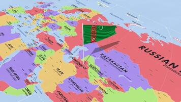 Turkmenistan Flag Waving in Wind, World Map Rotating around Flag, Seamless Loop, 3D Rendering video