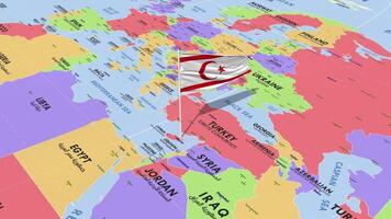 Northern Cyprus Flag Waving in Wind, World Map Rotating around Flag, Seamless Loop, 3D Rendering video