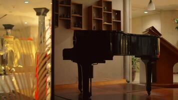 silhouette de une grandiose piano dans une chaleureusement allumé intérieur avec étagères dans le Contexte. video