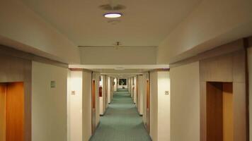 Empty hotel corridor with symmetric doors and carpeted floor, illuminated by ceiling lights. video