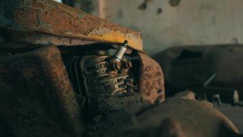 Rusty machinery with a focus on a corroded bolt and nut, depicting decay and abandonment. video