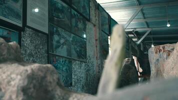 Abstract view of a modern art installation with large rocks on wooden pedestals in a gallery setting. video