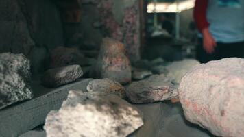 sortiert Felsen und Mineralien auf Anzeige mit verschwommen Hintergrund, geeignet zum geologisch Themen. video