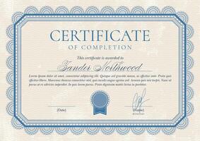 Certificate or diploma in vintage style and blue colors. Frame borders design. Simple Vector illustration