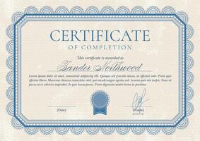 Certificate or diploma in vintage style and blue colors. Frame borders design. Simple Vector illustration