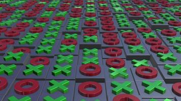 Abstract animation of moving 3D blocks with green cross marks and red circles , 4k , 60 fps video