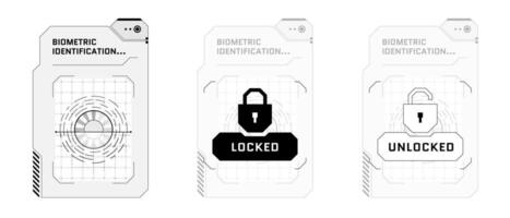 HUD retinal recognition biometric ID scan system concept set. User eye verification scanner and person identity security digital panel. Human retina identification. Authorization interface eps design vector