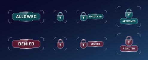 hud digital futurista usuario acceso permitido y negado botón colocar. cuenta verificación entrada proteger símbolo. videojuego seguridad interfaz. gui fui diseño vector eps elemento colección