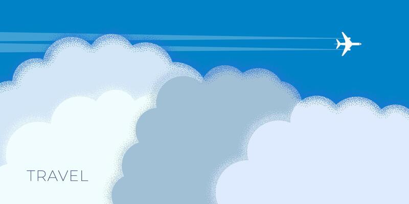Abstract retro minimal summer travel horizontal banner. Airplane flies on clouds sky on vintage poster. Flight on vacation trendy minimalist placard. Tourist plane journey vector eps design template