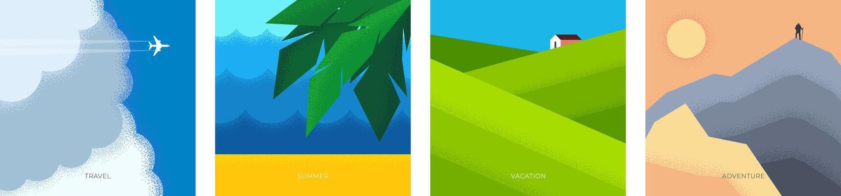 Abstract retro minimal summer travel square banner. Vintage art plane in clouds. Palm on beach sand and sea. Tourist vacation hike mountain flyer. Nature landscape fields trendy minimalist rest cover