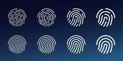 User finger scan icon set. Fingerprint touch biometric id symbol. Modern account thumbprint identification security sign collection. User recognition scanner badge. Glowing linear vector eps logo