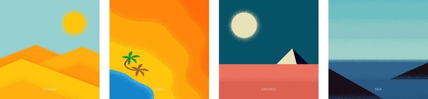 Abstract retro minimal summer travel square banner. Vintage print desert sand dunes under sunlight and sahara oasis. Egyptian pyramid under moonlight and rocks in sea. Trendy minimalist vector placard