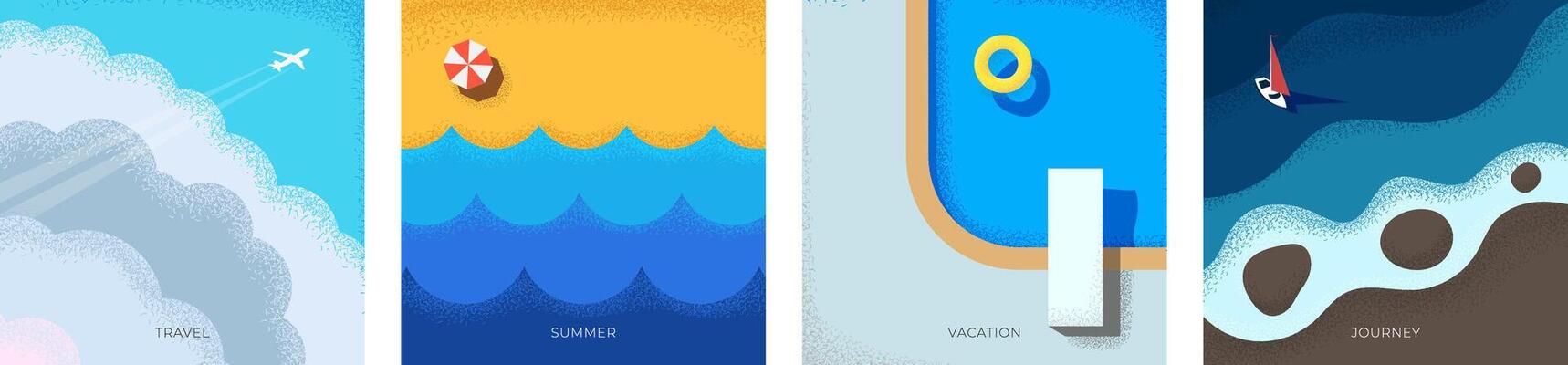 Abstract retro minimal summer travel square banner. Plane flies in clouds holiday vintage print. Yacht on sea and beach with swimming pool on vacation trendy minimalist eps poster. Summertime journey