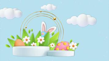 Pascua de Resurrección huevos en el césped con nubes y un Conejo antecedentes video