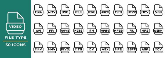 File format Video icons set in Outline style. collection of file extension symbols. Vector Illustration