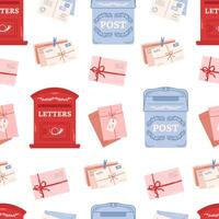 Mailing seamless pattern. Craft envelopes, handmade cards. Different retro postboxes. Delivery, message, communication concept. vector