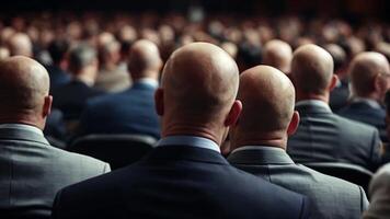 AI generated Large group of bald businessmen attending business conference seminar, rear view, AI generated video