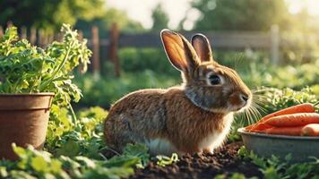 ai generato coniglio nel verdura giardino di il cestino pieno di carote video