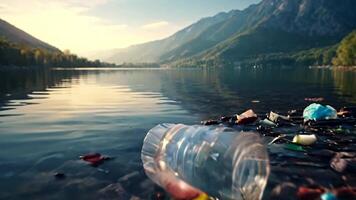 ai generado el plastico contaminación de hermosa montaña lago, generativo ai video