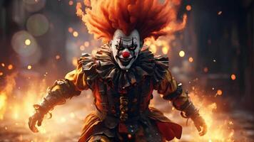 AI generated a clown with red hair and a fire in his hand video