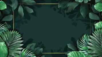 AI generated Graceful animation of seamlessly looping forest plant leaves set against a deep green backdrop adorned with luxurious golden borders. video