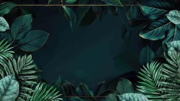 AI generated Chic seamless looping animation featuring elegantly swaying forest plant leaves against a deep green backdrop embellished with golden borders. video