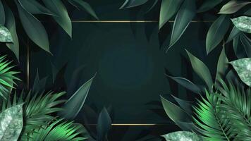 AI generated Mesmerizing animation of seamlessly looping forest plant leaves set against a dark green background with opulent golden borders. video