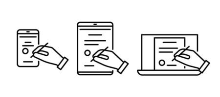 Digital signature on electronic document, line icon set. Online agreement signing, distance contract on smartphone, tablet and notebook. Vector illustration