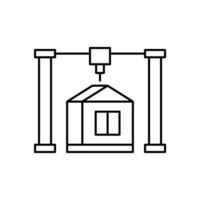 Printing modular 3d house construction, line icon. Building home from prefabricated panels. Modern prefab fast technology in building and architecture. Editable stroke. Vector outline illustration