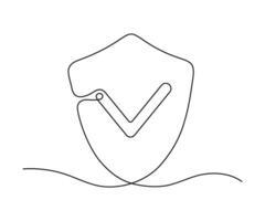 Shield with check protect, one line continuous. Success, guarantee, safe sign. Vector outline illustration