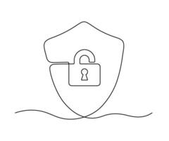 Shield with padlock and key hole, continuous one line drawing. Security and protection, safe information. Vector outline illustration