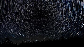 Time lapse of comet-shaped star trails over the forest in the night sky. Stars move around a polar star. 4K video