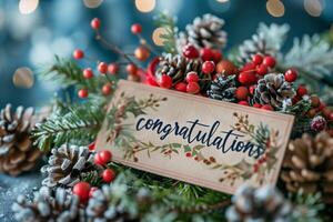 AI generated A wooden sign with the inscription Congratulations surrounded by pine cones and berries. Merry Christmas photo