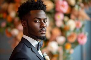 AI generated Handsome groom in tuxedo looking at camera photo