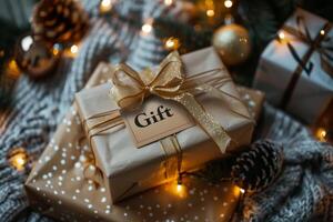 AI generated Christmas gift wrapped in brown paper with gold ribbon photo