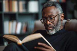 AI generated A middle-aged African American man sits in a chair and reads a book. Literary hobby photo