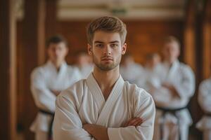 AI generated Man in kimono standing with arms crossed photo