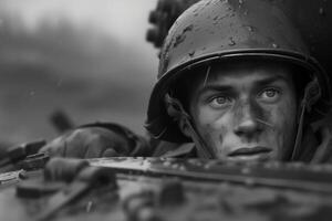 AI generated Close-up of a World War II soldier in a protective helmet, a tanker in a tank photo